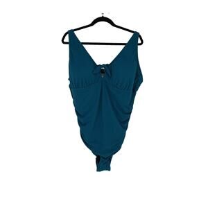 NWT Kona Sol Mallard Blue Tie Front Ruched One-Piece Swim Suit - Plus 24W